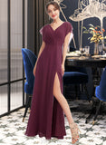 Heidi A-Line V-neck Floor-Length Bridesmaid Dress With Ruffle Split Front UKP0013276