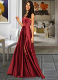 Pancy A-Line V-neck Floor-Length Satin Bridesmaid Dress With Pockets UKP0013279