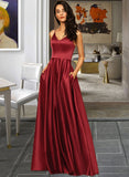 Pancy A-Line V-neck Floor-Length Satin Bridesmaid Dress With Pockets UKP0013279