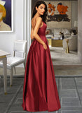 Pancy A-Line V-neck Floor-Length Satin Bridesmaid Dress With Pockets UKP0013279