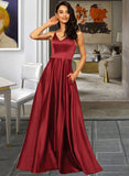 Pancy A-Line V-neck Floor-Length Satin Bridesmaid Dress With Pockets UKP0013279