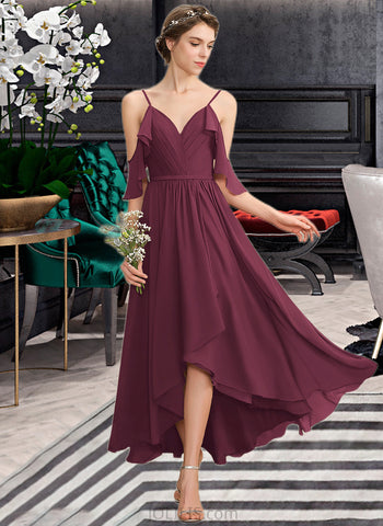 Caitlyn A-Line V-neck Asymmetrical Chiffon Bridesmaid Dress With Cascading Ruffles UKP0013280