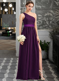 Ann A-Line/Princess One-Shoulder Floor-Length Chiffon Charmeuse Bridesmaid Dress With Ruffle Split Front UKP0013288