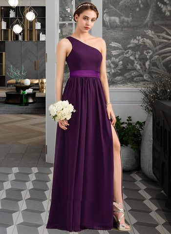 Ann A-Line/Princess One-Shoulder Floor-Length Chiffon Charmeuse Bridesmaid Dress With Ruffle Split Front UKP0013288