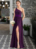 Ann A-Line/Princess One-Shoulder Floor-Length Chiffon Charmeuse Bridesmaid Dress With Ruffle Split Front UKP0013288