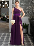 Ann A-Line/Princess One-Shoulder Floor-Length Chiffon Charmeuse Bridesmaid Dress With Ruffle Split Front UKP0013288