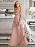 Angeline A-Line V-neck Floor-Length Bridesmaid Dress With Ruffle UKP0013289