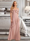 Angeline A-Line V-neck Floor-Length Bridesmaid Dress With Ruffle UKP0013289