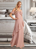 Angeline A-Line V-neck Floor-Length Bridesmaid Dress With Ruffle UKP0013289