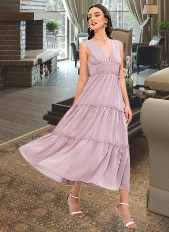 Philippa A-LineV-neckTea-LengthBridesmaidDress#273655 UKP0013290