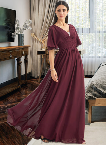 Zion A-Line V-neck Floor-Length Bridesmaid Dress With Ruffle UKP0013292