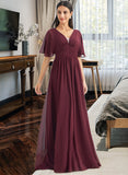 Zion A-Line V-neck Floor-Length Bridesmaid Dress With Ruffle UKP0013292