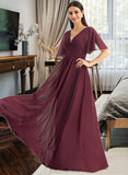 Zion A-Line V-neck Floor-Length Bridesmaid Dress With Ruffle UKP0013292