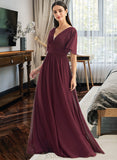 Zion A-Line V-neck Floor-Length Bridesmaid Dress With Ruffle UKP0013292