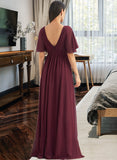 Zion A-Line V-neck Floor-Length Bridesmaid Dress With Ruffle UKP0013292