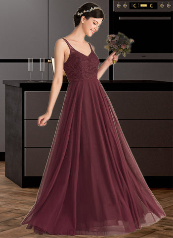 Rayne A-Line/Princess V-neck Floor-Length Tulle Lace Bridesmaid Dress UKP0013295