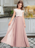 Kristen A-Line Scoop Neck Floor-Length Chiffon Lace Junior Bridesmaid Dress With Bow(s) UKP0013305