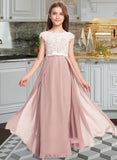 Kristen A-Line Scoop Neck Floor-Length Chiffon Lace Junior Bridesmaid Dress With Bow(s) UKP0013305