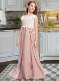 Kristen A-Line Scoop Neck Floor-Length Chiffon Lace Junior Bridesmaid Dress With Bow(s) UKP0013305