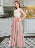 Kristen A-Line Scoop Neck Floor-Length Chiffon Lace Junior Bridesmaid Dress With Bow(s) UKP0013305