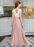 Kristen A-Line Scoop Neck Floor-Length Chiffon Lace Junior Bridesmaid Dress With Bow(s) UKP0013305