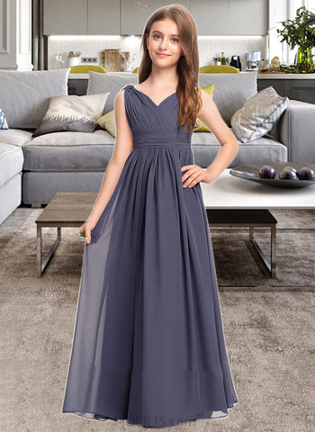 Brielle A-Line V-neck Floor-Length Chiffon Junior Bridesmaid Dress With Ruffle UKP0013307