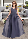 Brielle A-Line V-neck Floor-Length Chiffon Junior Bridesmaid Dress With Ruffle UKP0013307