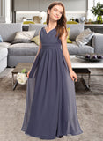 Brielle A-Line V-neck Floor-Length Chiffon Junior Bridesmaid Dress With Ruffle UKP0013307