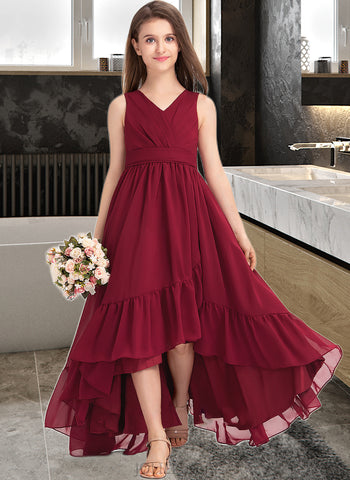 Vivian A-Line V-neck Asymmetrical Chiffon Junior Bridesmaid Dress With Bow(s) Cascading Ruffles UKP0013310