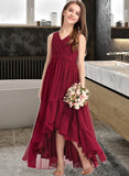 Vivian A-Line V-neck Asymmetrical Chiffon Junior Bridesmaid Dress With Bow(s) Cascading Ruffles UKP0013310