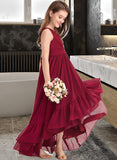 Vivian A-Line V-neck Asymmetrical Chiffon Junior Bridesmaid Dress With Bow(s) Cascading Ruffles UKP0013310