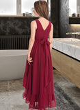 Vivian A-Line V-neck Asymmetrical Chiffon Junior Bridesmaid Dress With Bow(s) Cascading Ruffles UKP0013310