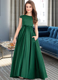 Vanessa Ball-Gown/Princess Scoop Neck Floor-Length Satin Lace Junior Bridesmaid Dress With Bow(s) Pockets UKP0013311