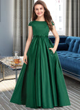 Vanessa Ball-Gown/Princess Scoop Neck Floor-Length Satin Lace Junior Bridesmaid Dress With Bow(s) Pockets UKP0013311