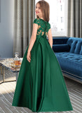 Vanessa Ball-Gown/Princess Scoop Neck Floor-Length Satin Lace Junior Bridesmaid Dress With Bow(s) Pockets UKP0013311