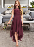 Sarah A-Line Scoop Neck Asymmetrical Chiffon Lace Junior Bridesmaid Dress With Bow(s) UKP0013312