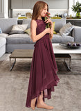 Sarah A-Line Scoop Neck Asymmetrical Chiffon Lace Junior Bridesmaid Dress With Bow(s) UKP0013312