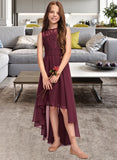 Sarah A-Line Scoop Neck Asymmetrical Chiffon Lace Junior Bridesmaid Dress With Bow(s) UKP0013312