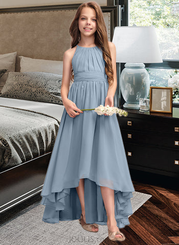 Viv A-Line Scoop Neck Asymmetrical Chiffon Junior Bridesmaid Dress With Ruffle Bow(s) UKP0013314