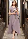 Audrina A-Line V-neck Asymmetrical Chiffon Junior Bridesmaid Dress With Ruffle Bow(s) UKP0013315