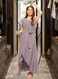 Audrina A-Line V-neck Asymmetrical Chiffon Junior Bridesmaid Dress With Ruffle Bow(s) UKP0013315