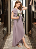 Audrina A-Line V-neck Asymmetrical Chiffon Junior Bridesmaid Dress With Ruffle Bow(s) UKP0013315