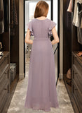 Audrina A-Line V-neck Asymmetrical Chiffon Junior Bridesmaid Dress With Ruffle Bow(s) UKP0013315