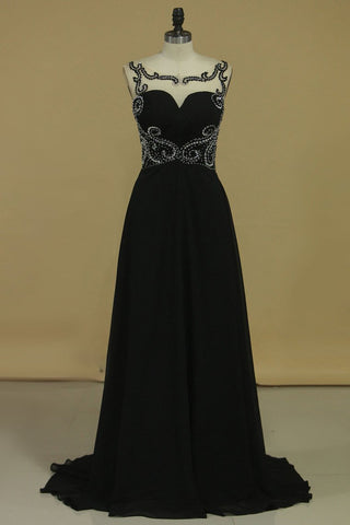 Bateau With Beads And Ruffles Prom Dresses A Line Chiffon Sweep Train