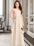 Kiersten A-Line V-neck Floor-Length Satin Junior Bridesmaid Dress With Pockets UKP0013319