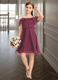 Marissa A-Line Off-the-Shoulder Knee-Length Chiffon Junior Bridesmaid Dress With Bow(s) Cascading Ruffles UKP0013322