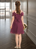 Marissa A-Line Off-the-Shoulder Knee-Length Chiffon Junior Bridesmaid Dress With Bow(s) Cascading Ruffles UKP0013322