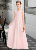 Kaitlin A-Line V-neck Floor-Length Chiffon Junior Bridesmaid Dress With Ruffle UKP0013328