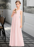 Kaitlin A-Line V-neck Floor-Length Chiffon Junior Bridesmaid Dress With Ruffle UKP0013328