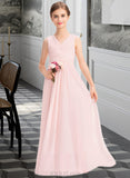 Kaitlin A-Line V-neck Floor-Length Chiffon Junior Bridesmaid Dress With Ruffle UKP0013328